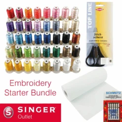 Embroidery Machine Starter Bundle - Embroidery Thread 40 Colour X 500m Set, Embroidery Backing / Stabiliser 25cm X 50y Roll, Embroidery Scissor Set And Needles