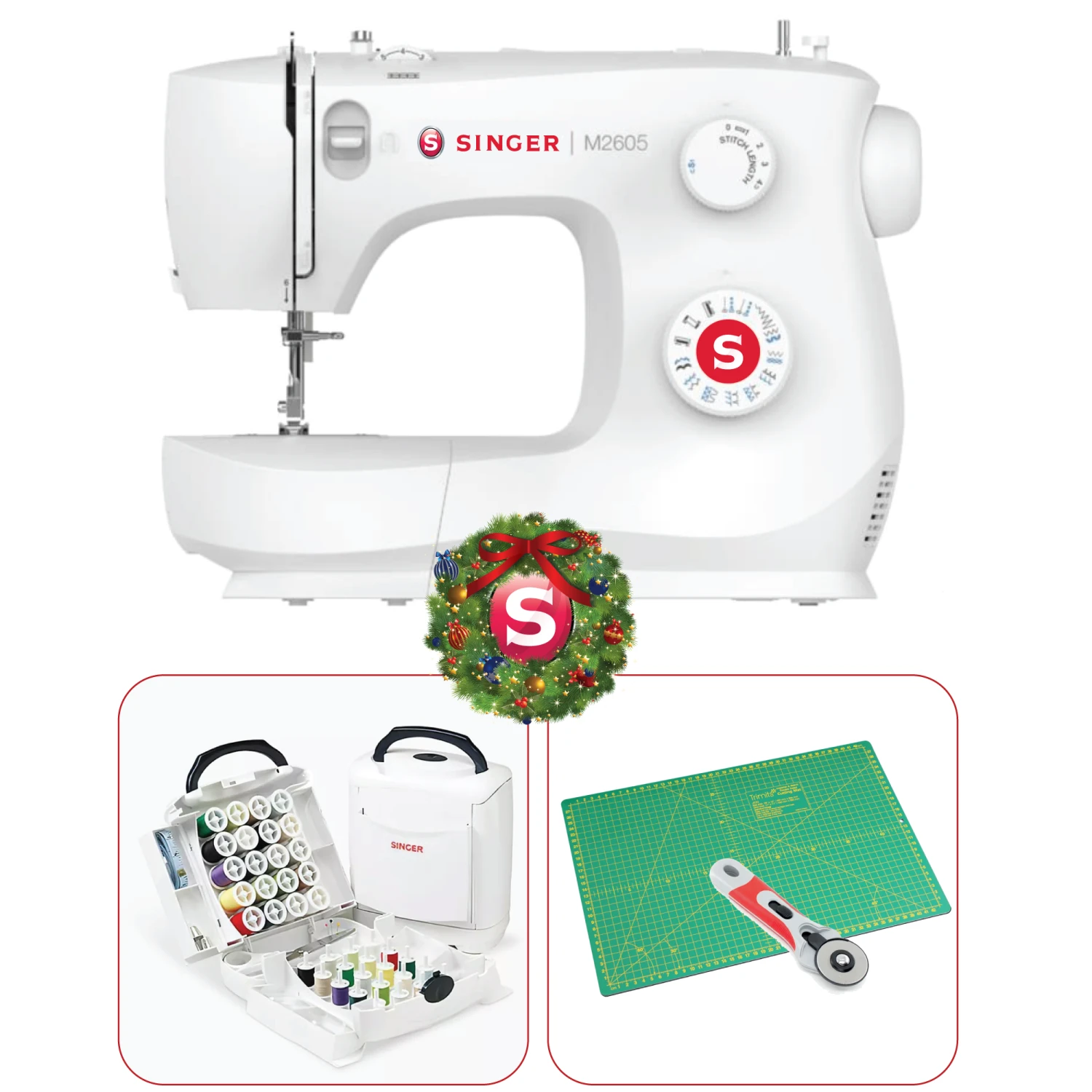 Singer M2605 Sewing Machine With Gift Bundle - Singer Handy Chest With 130 Elements, A3 Cutting Mat And Rotary Cutter Worth Over £60 - Great Gift Set 1 Singer M2605 Sewing Machine With Gift Bundle - Singer Handy Chest With 130 Elements, A3 Cutting Mat And Rotary Cutter Worth Over £60 - Great Gift Set